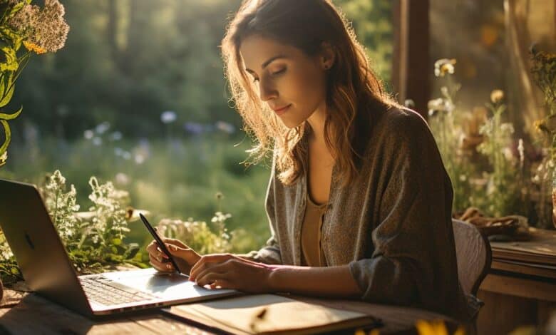 موقع زاد الحق - كيف تختار الكلمات المفتاحية للمقالات الأدبية والثقافية؟ شابة تكتب مقالًا على حاسوب محمول في ضوء الصباح وسط أجواء هادئة، في صورة رمزية لمقال حول اختيار الكلمات المفتاحية للمقالات الأدبية والثقافية