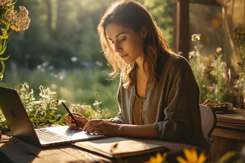 شابة تكتب مقالًا على حاسوب محمول في ضوء الصباح وسط أجواء هادئة، في صورة رمزية لمقال حول اختيار الكلمات المفتاحية للمقالات الأدبية والثقافية